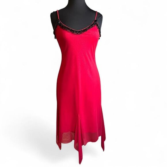 Vintage Red Glitter Slip Dress w/ Black Lace Trim – Size M - Glam Goth - Picture 1 of 8